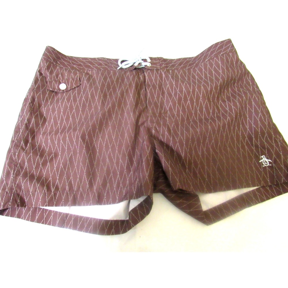 Penguin Brown Geometric  Swim Trunks Board Shorts MESH LINED Sz‎ 38 Polyester